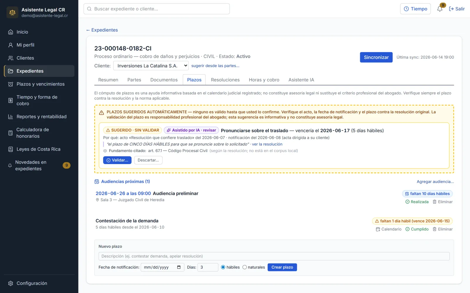 Plazos del expediente con urgencia por color y vencimiento