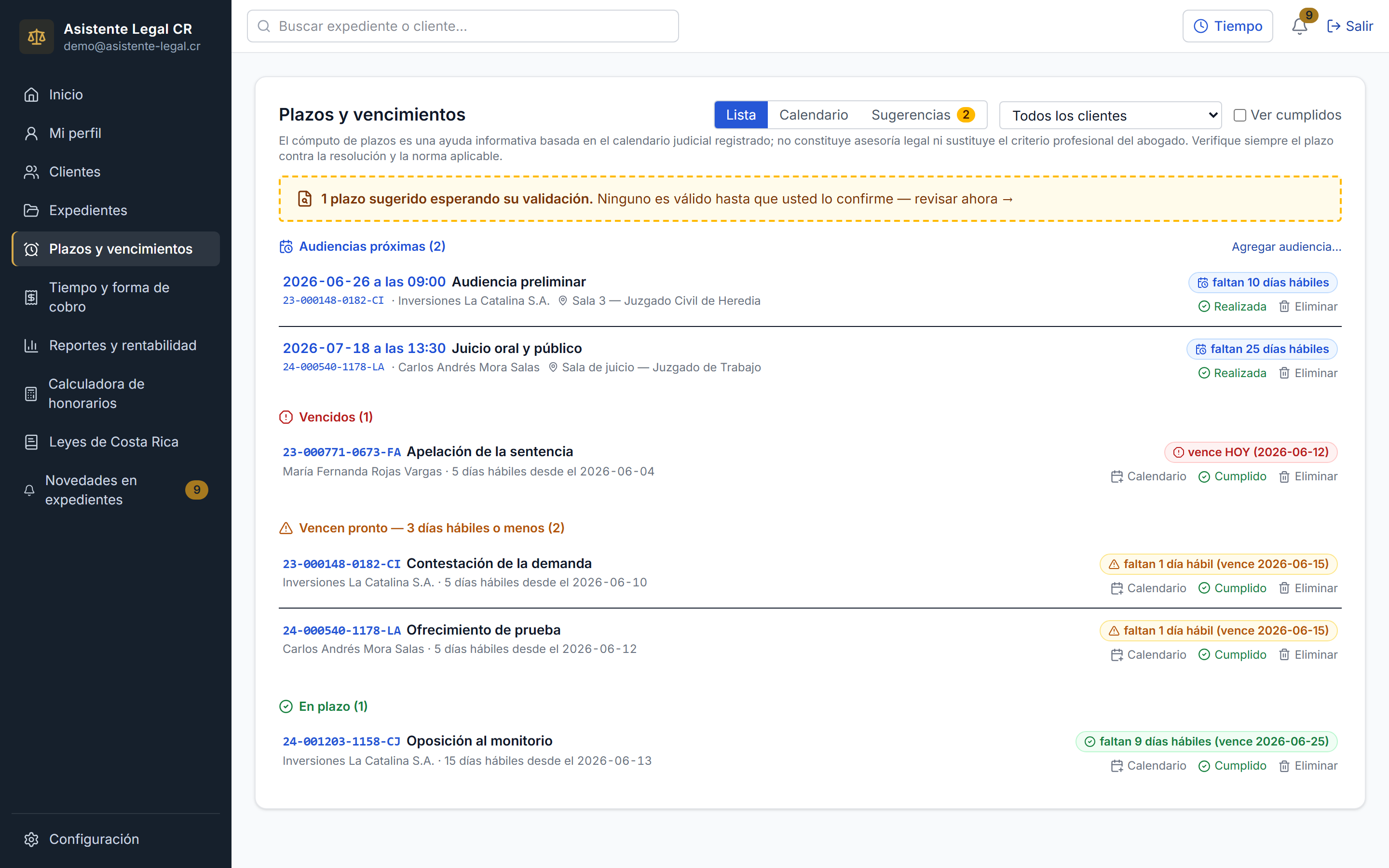 Lista de todos los plazos de la cartera con alertas