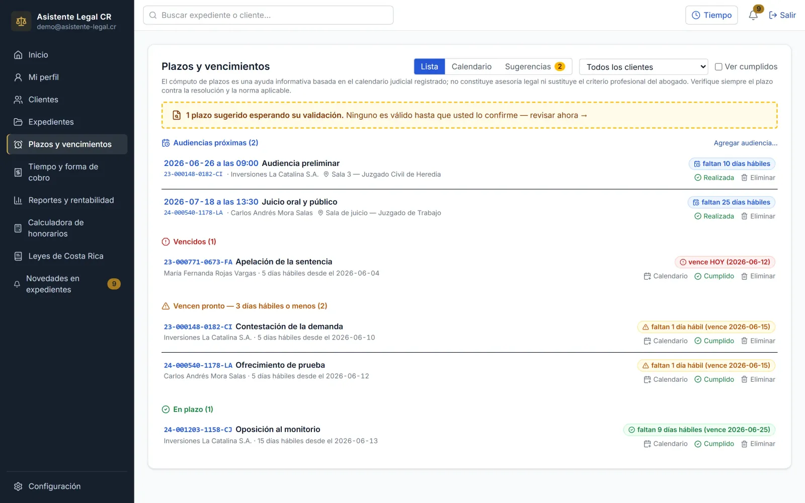 Lista de todos los plazos de la cartera con alertas