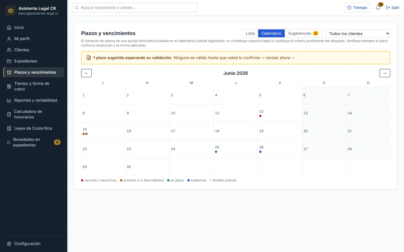 Calendario con plazos y audiencias