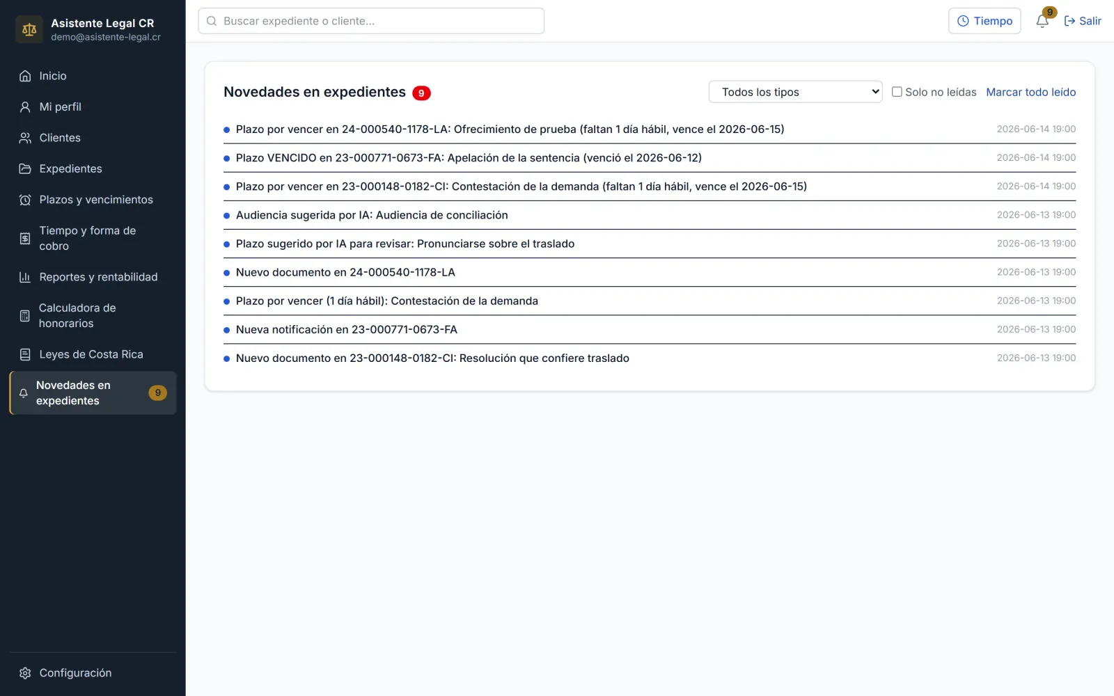 Bandeja de novedades: documentos, notificaciones y alertas