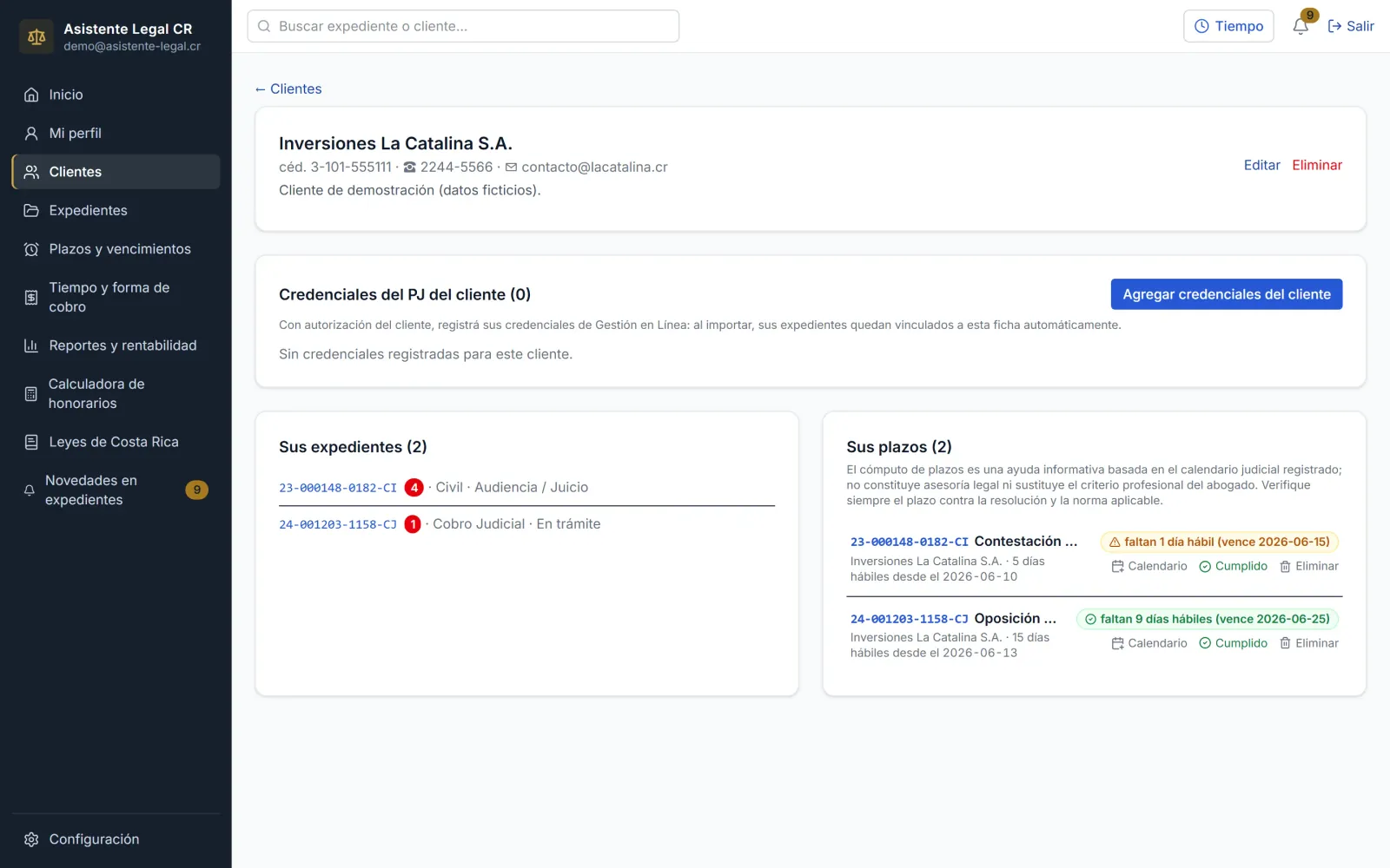 Ficha de un cliente con sus expedientes y datos
