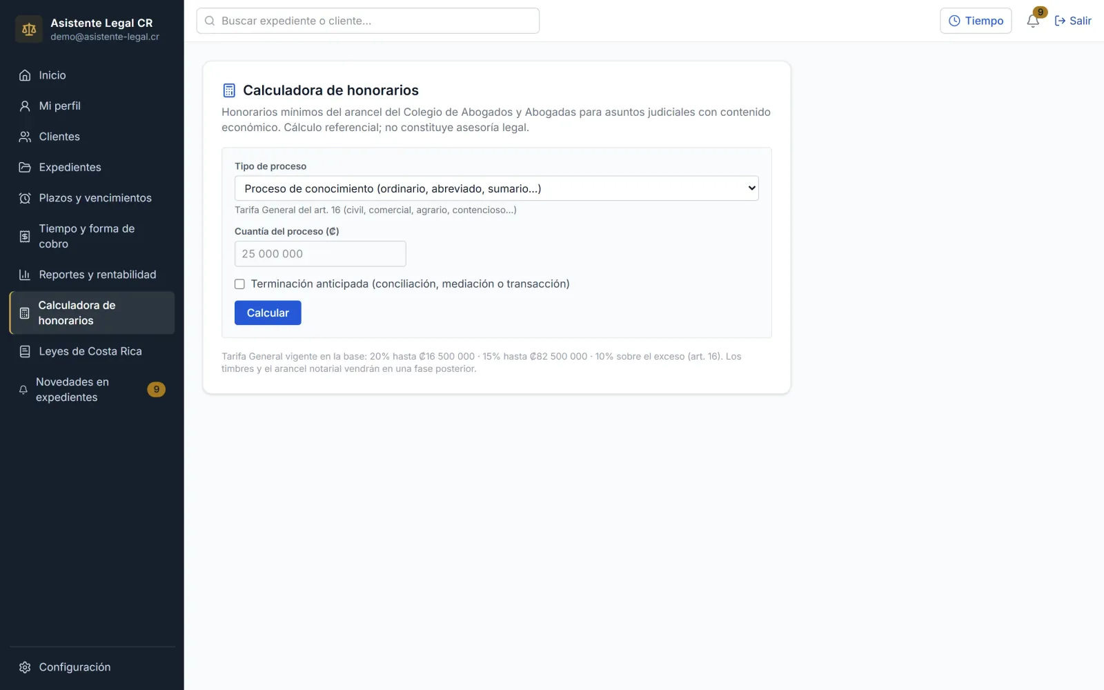 Calculadora de honorarios según el arancel del Colegio de Abogados y Abogadas