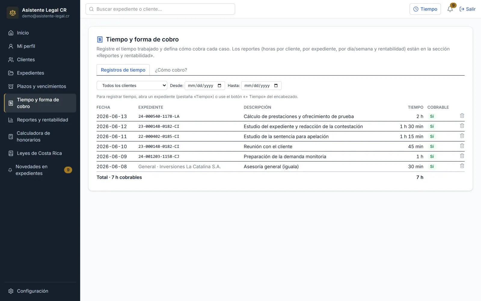 Captura de tiempo y configuración de cómo se cobra