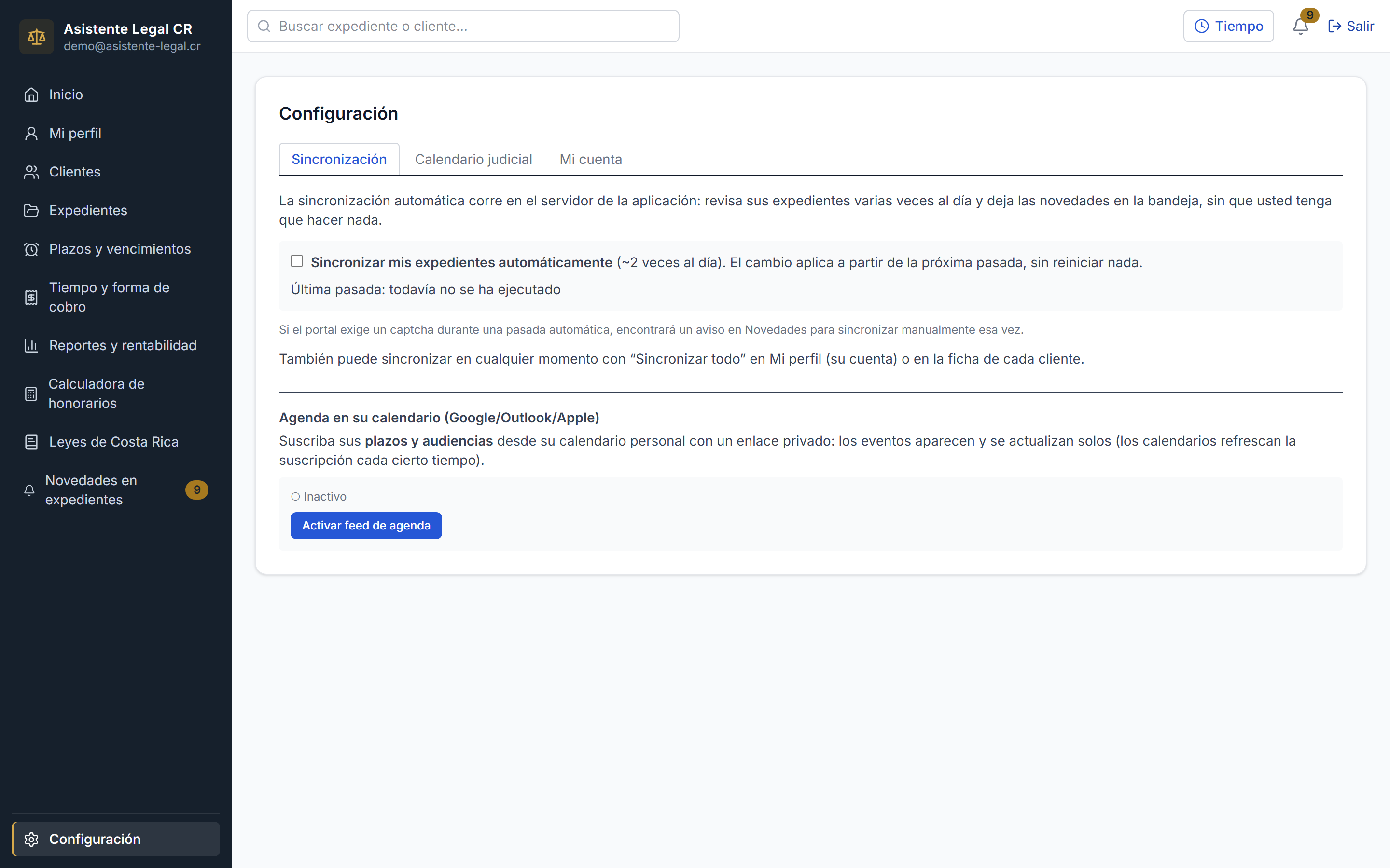 Configuración: sincronización, calendario judicial y feed .ics