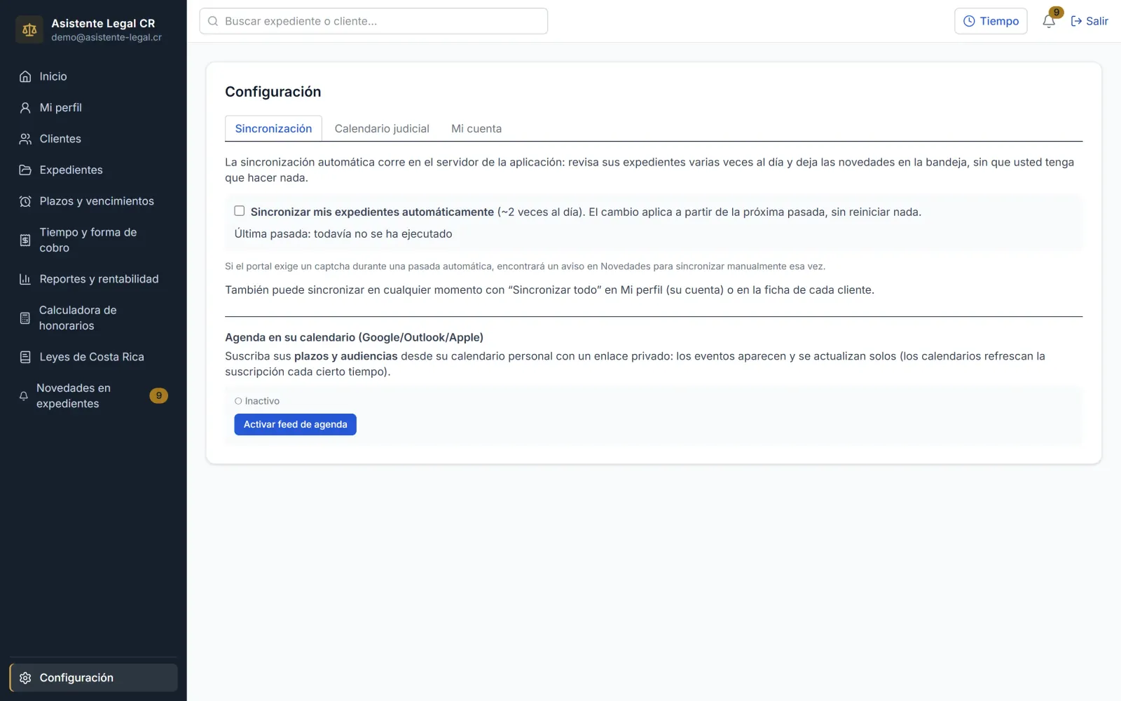 Configuración: sincronización, calendario judicial y feed .ics