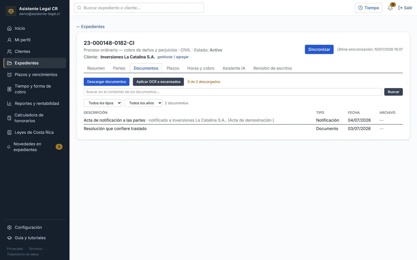 Pestaña Documentos con las resoluciones y escritos del expediente