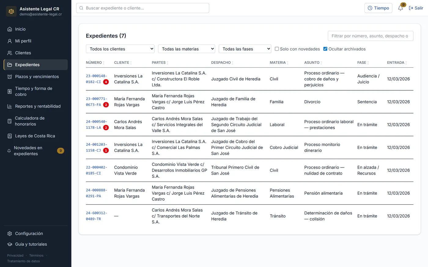 Lista de expedientes con filtros y columnas ordenables