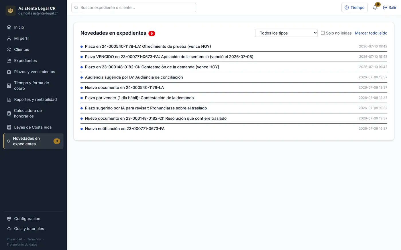 Bandeja de novedades en expedientes