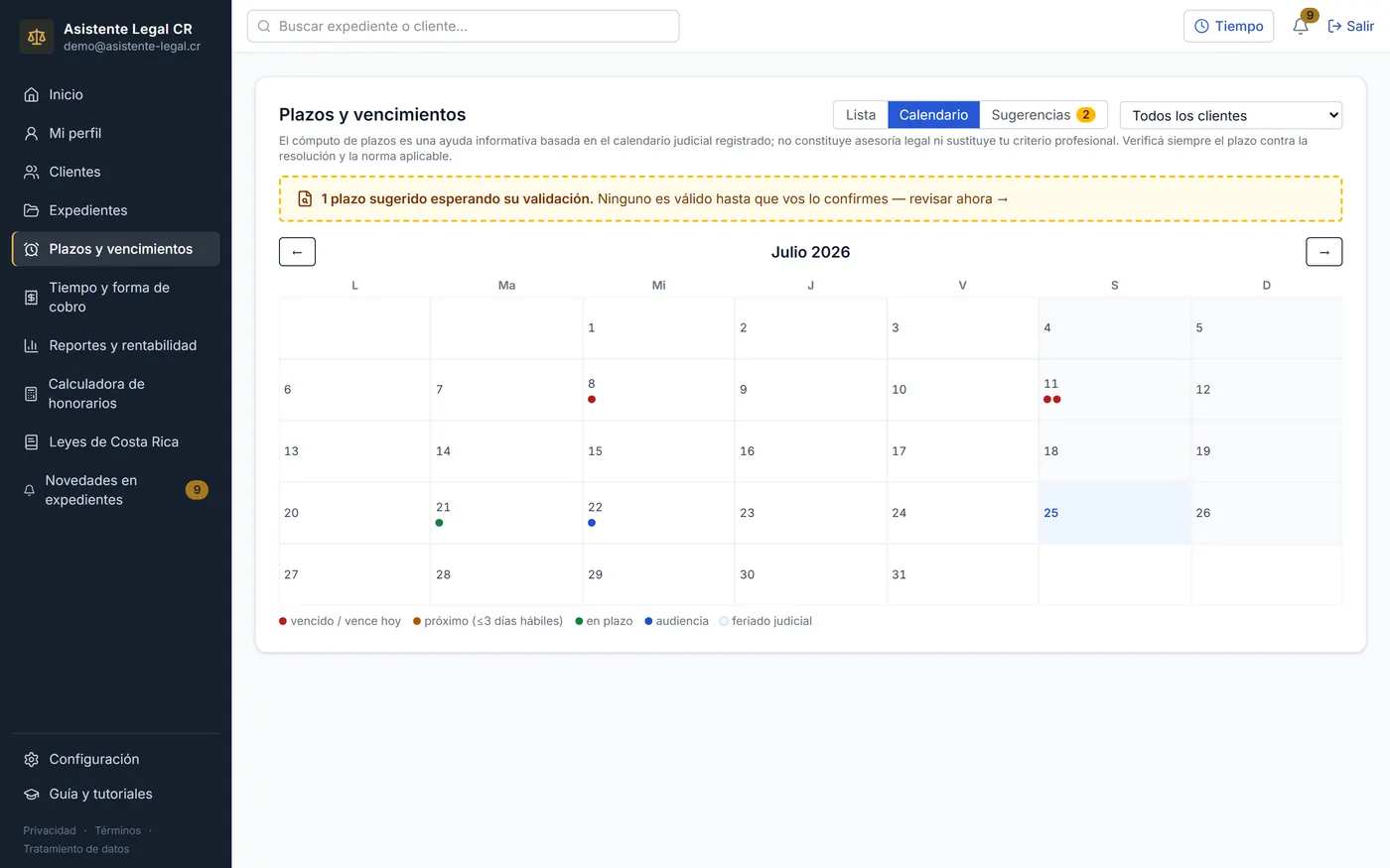 Vista de calendario de plazos y audiencias