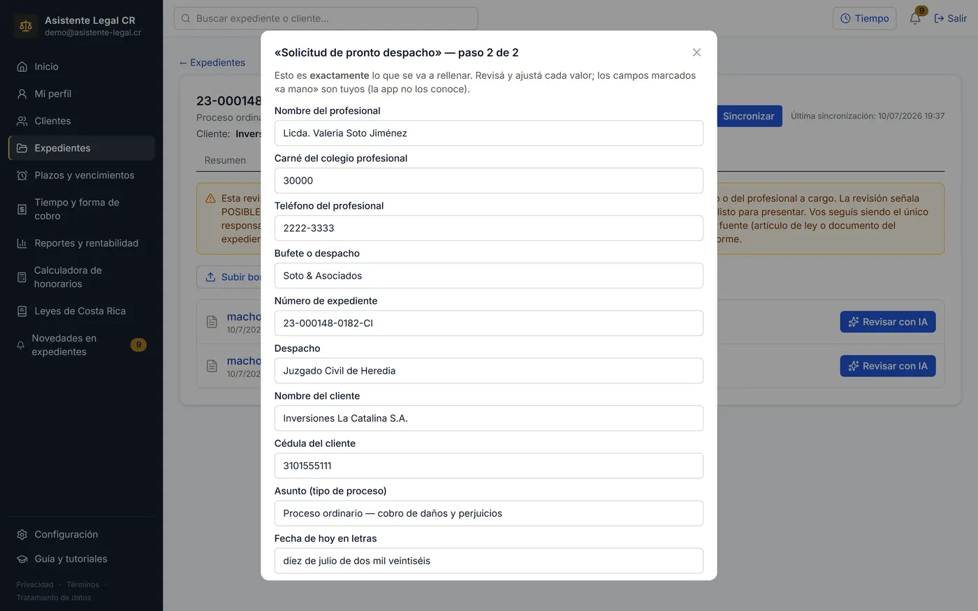 Pantalla de mapeo de la plantilla, todo editable