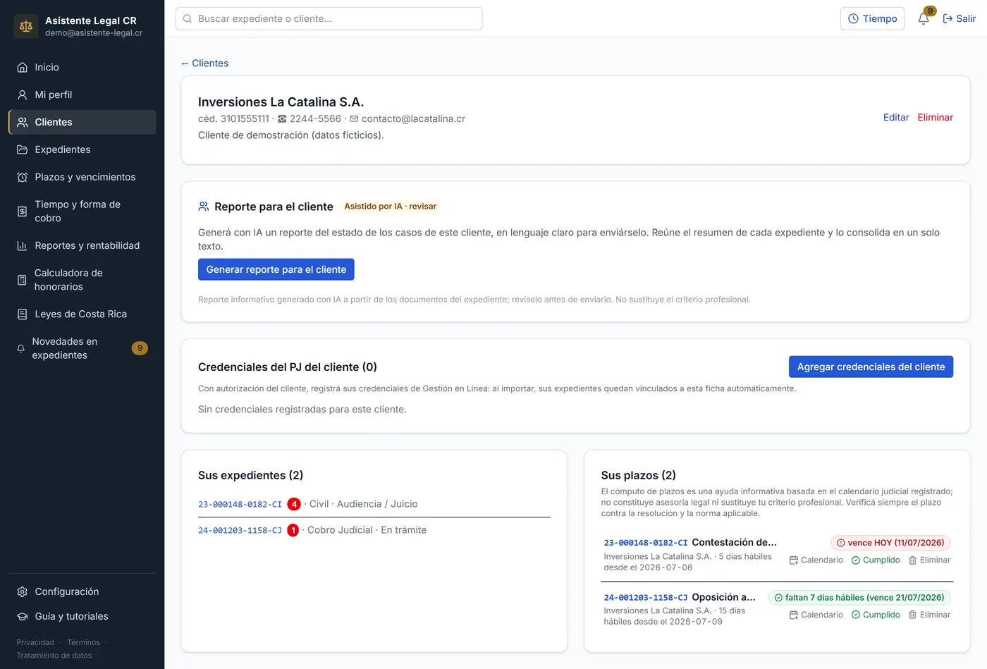 Ficha de un cliente con sus expedientes