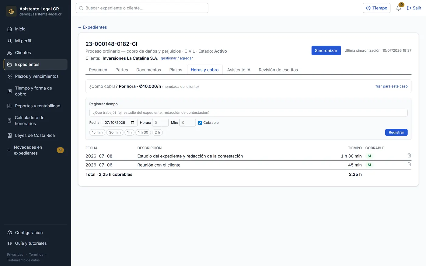 Registro de tiempo y forma de cobro del expediente