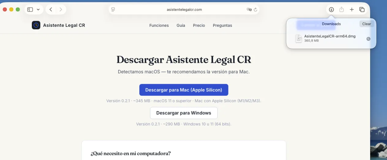 Panel de Descargas de Safari mostrando el .dmg bajando