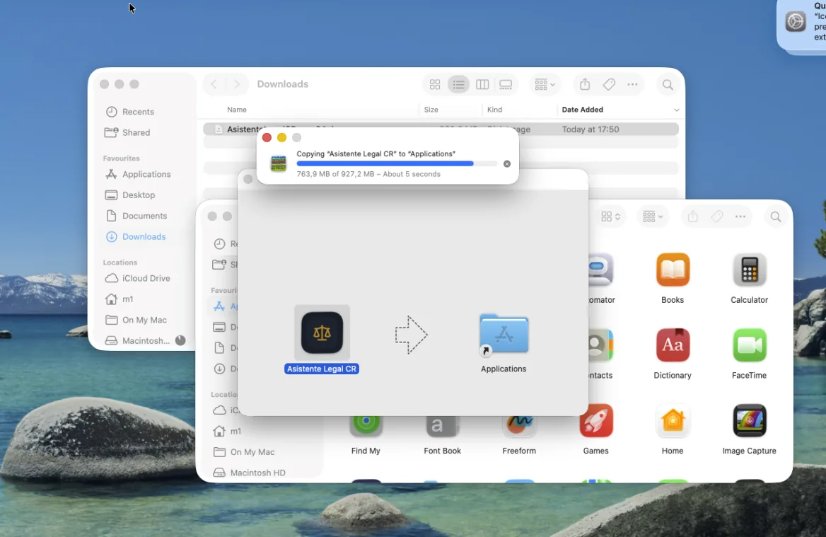 Diálogo de macOS copiando la app a Aplicaciones