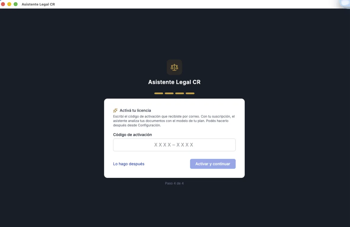 Paso 4 del asistente: campo para pegar el código de activación
