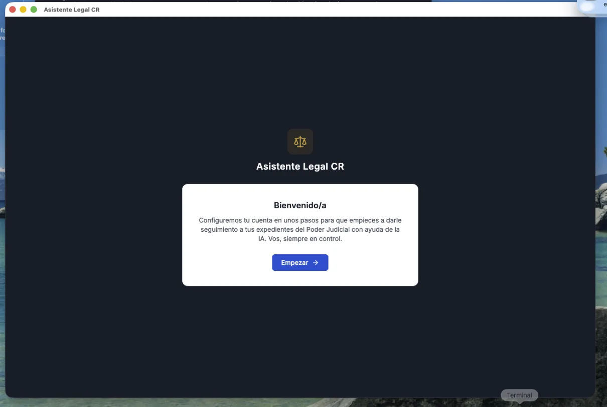 Pantalla de Bienvenida de la app al abrirla por primera vez