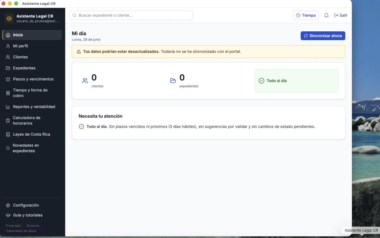 Dashboard principal de la app tras completar la instalación